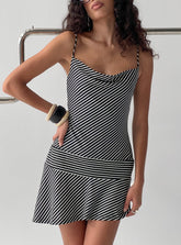 Laurela Asymmetrical Mini Dress Black / White Stripe