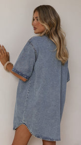 Maliha Button Up Mini Dress - Light Denim