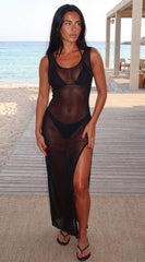 Marenya Mesh Side Slit Maxi Cover-Up Dress - Black