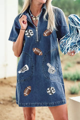 Sequin Football Cheer Patches Game Day Denim Mini Dress