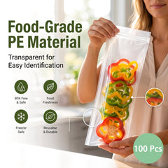 🥬 50/100PCS Reusable Long Food Storage Bags, Double-Zip Seal Freshness Bags for Kitchen