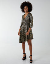 Asymmetric Metallic Animal Foil Wrap Dress