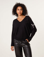 Diamante Bow Cut Out Sleeve Jumper