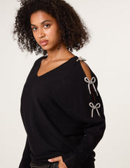 Diamante Bow Cut Out Sleeve Jumper