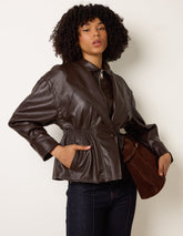 Collared Shirred Waist Faux Leather Jacket