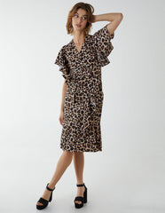 Leopard Print Wrap Ruffle Midi Dress