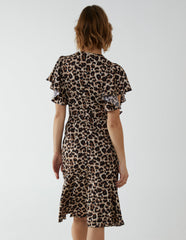Leopard Print Wrap Ruffle Midi Dress