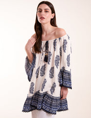 Mix Print Bardot With Tassel Dress