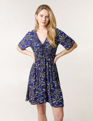 Shirred Waist Beaded V Neck Mini Dress