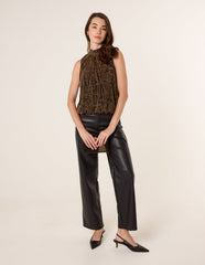 High Neck Metallic Puffball Sleeveless Blouse