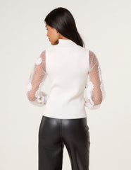 Turtle Neck Jumper With Mesh Polka Dot And Flower Detailed Sleeve