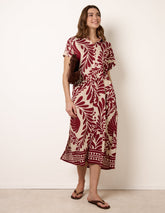 Tropical Leaf Print Belted Shirt Dress