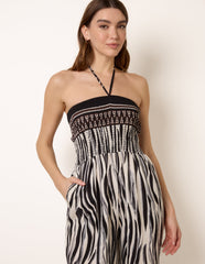 Zebra Print Halter Neck Shirred Waist Jumpsuit