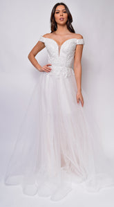 Nicole Sweetheart Neckline A-Line Lace Off Shoulder Layered Tulle Skirt Bridal Gown
