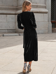 Florence Metallic Velvet Tie Waist Midi Dress - Black