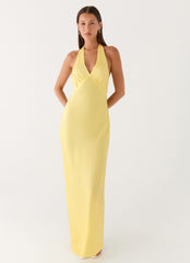 Heavy Hearted Satin Maxi Dress - Lemon