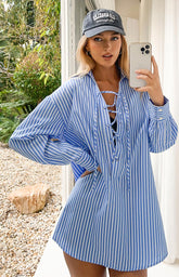 Jasper Blue Pinstripe Lace Up Shirt Dress