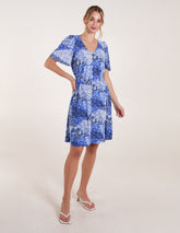 Shirred Waist Button Front Patchwork Mini Dress