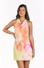 Zyla Yellow Hibiscus Floral Print Cowl Mini Dress