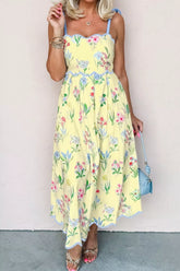Floral Print Contrast Trim Self-tie Straps High Waist Midi Dress