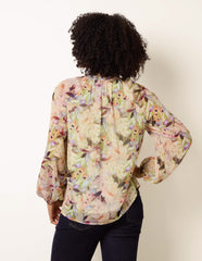 Watercolour Floral Printed Tie Front Blouse
