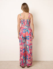 Tie Front Jumpsuit In Postcard Print
