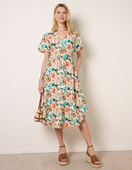 Leaf Print Tie Waist Shirt Midi Dress