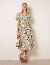 Leaf Print Tie Waist Shirt Midi Dress