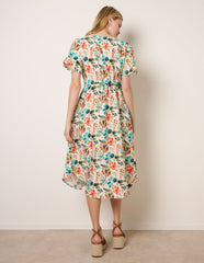 Leaf Print Tie Waist Shirt Midi Dress