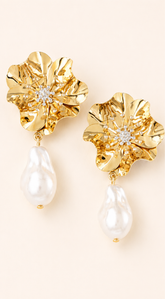 Opaline Flower Pearl Drop Earrings - Gold