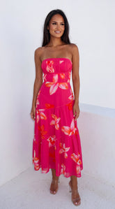 Paradiso Floral Print Midi Dress - Pink