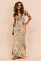 Whispering Garden Flocked Mesh Maxi Dress - Olive