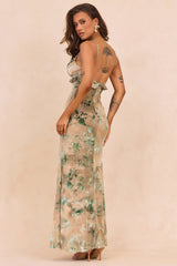 Whispering Garden Flocked Mesh Maxi Dress - Olive