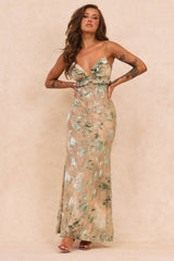 Whispering Garden Flocked Mesh Maxi Dress - Olive