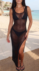 Marenya Mesh Side Slit Maxi Cover-Up Dress - Black