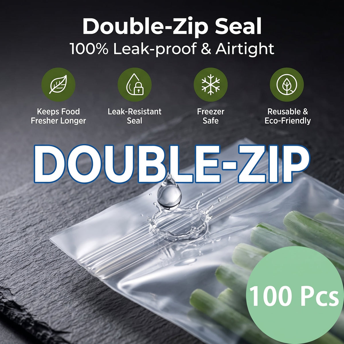 🥬 50/100PCS Reusable Long Food Storage Bags, Double-Zip Seal Freshness Bags for Kitchen