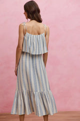 SO ME Stripe Tiered Shoulder Tie Midi Lined Dress