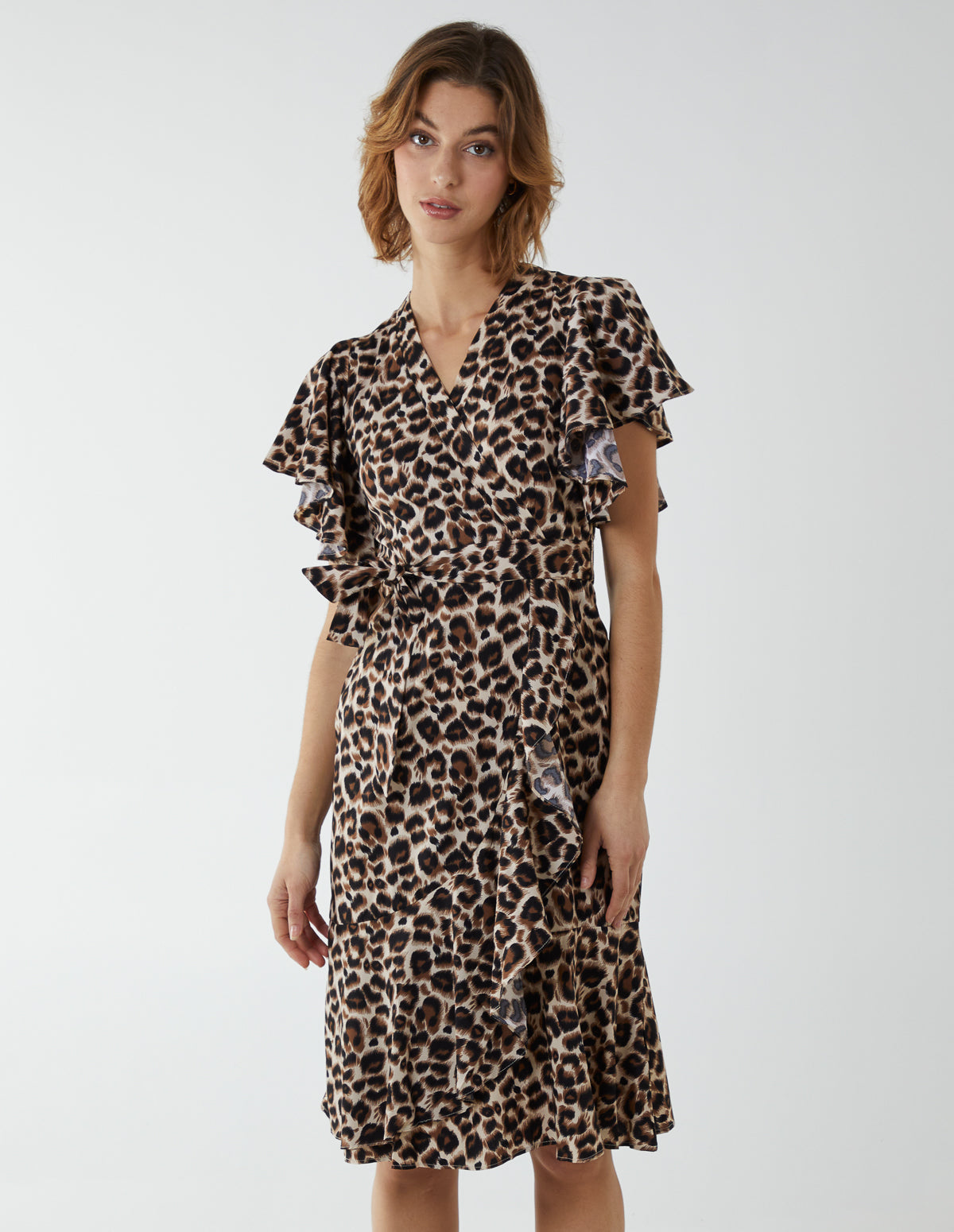 Leopard Print Wrap Ruffle Midi Dress
