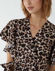 Leopard Print Wrap Ruffle Midi Dress