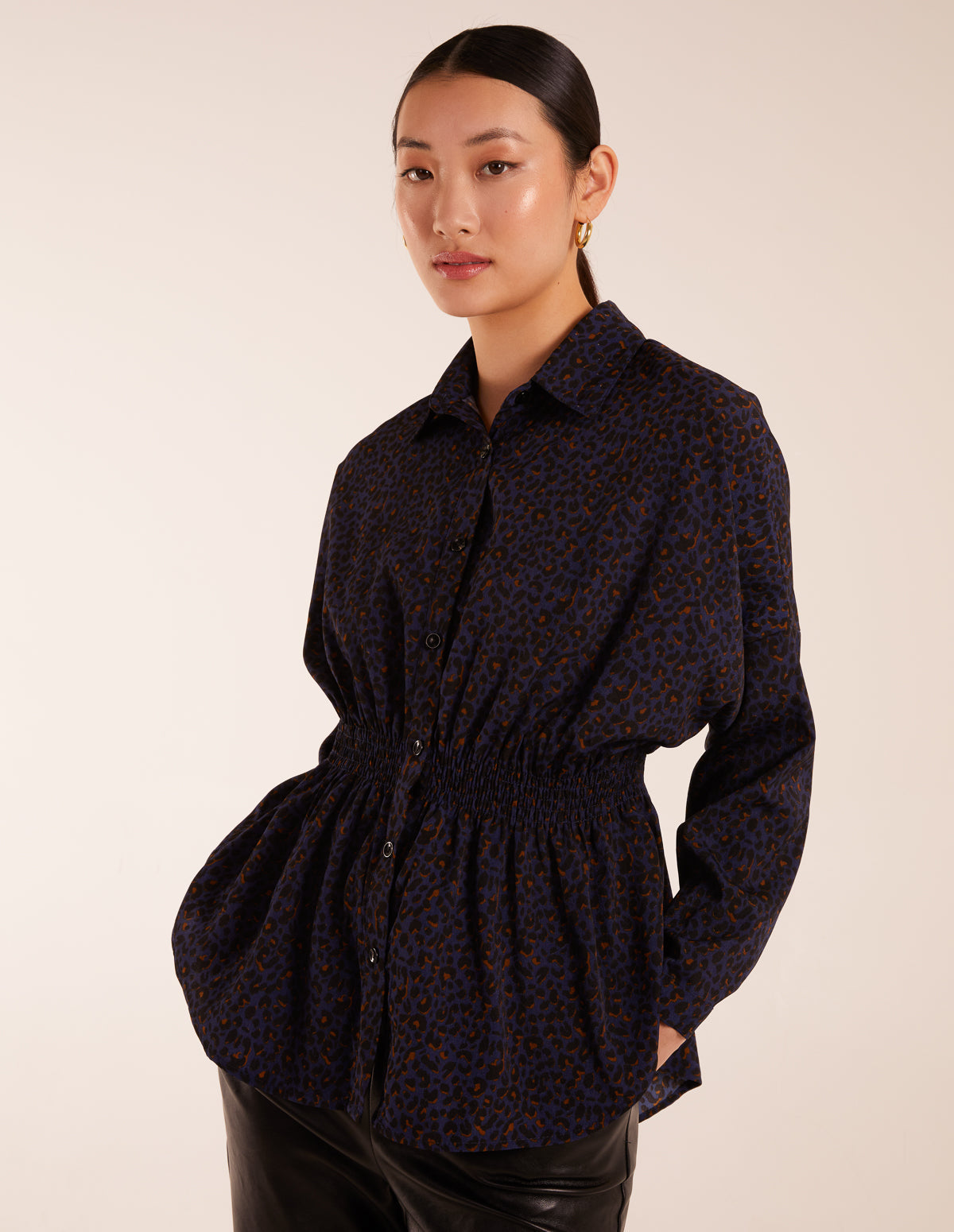 Leopard Print Shirred Waist Shirt