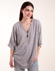 Studded Half Zip Front Top