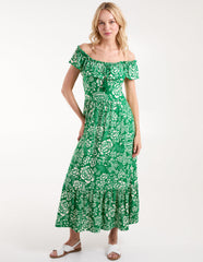Elasticated Bardot Printed Maxi Dress