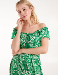 Elasticated Bardot Printed Maxi Dress