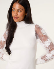 Turtle Neck Jumper With Mesh Polka Dot And Flower Detailed Sleeve