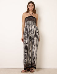 Zebra Print Halter Neck Shirred Waist Jumpsuit