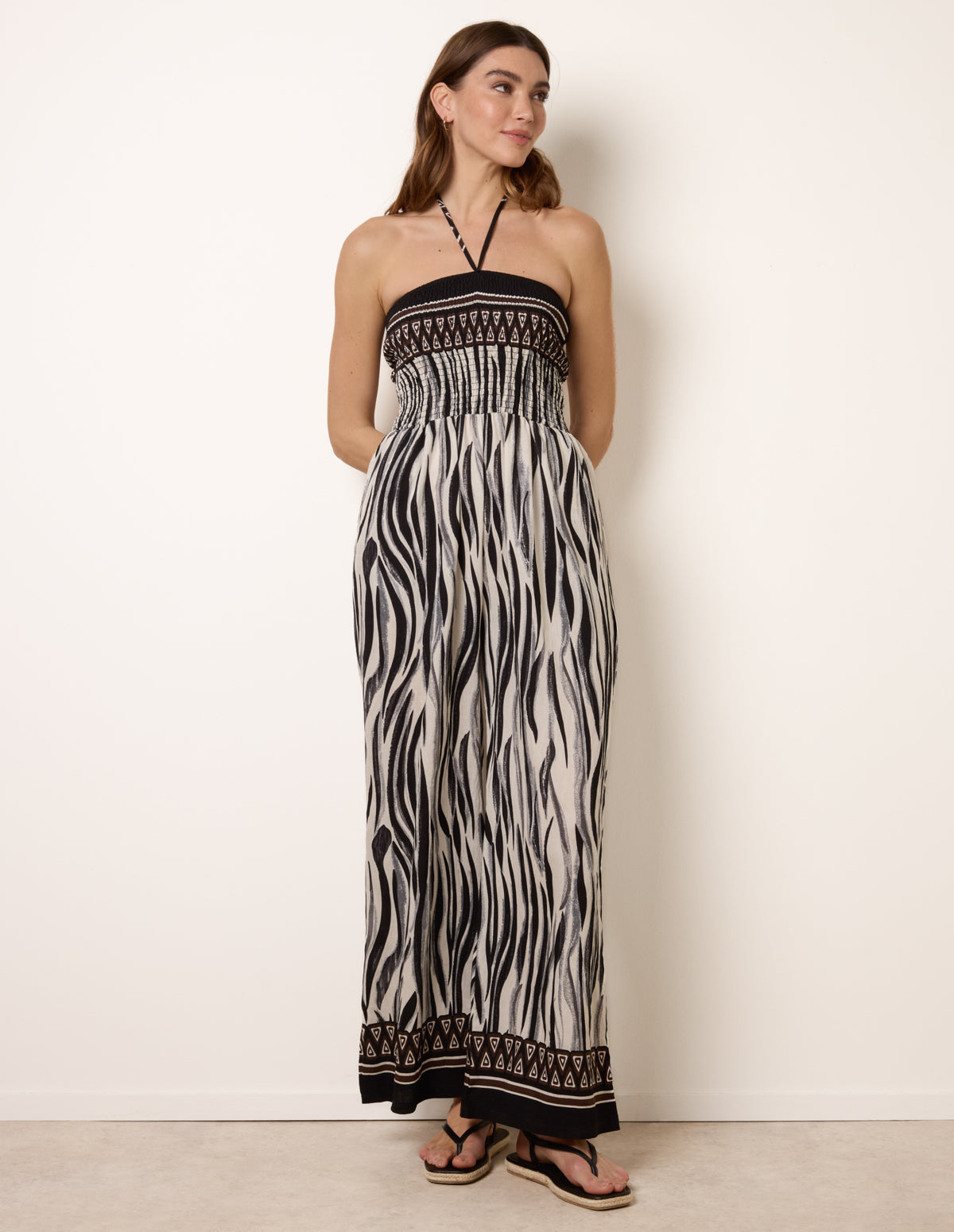 Zebra Print Halter Neck Shirred Waist Jumpsuit