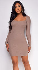 Arsenie Long sleeve Sweater Ribbed Side Slit Mini Dress - Brown