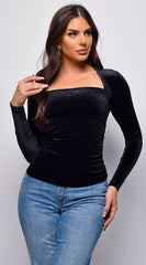 Adora Velvet Square Neck Long Sleeve Top - Black