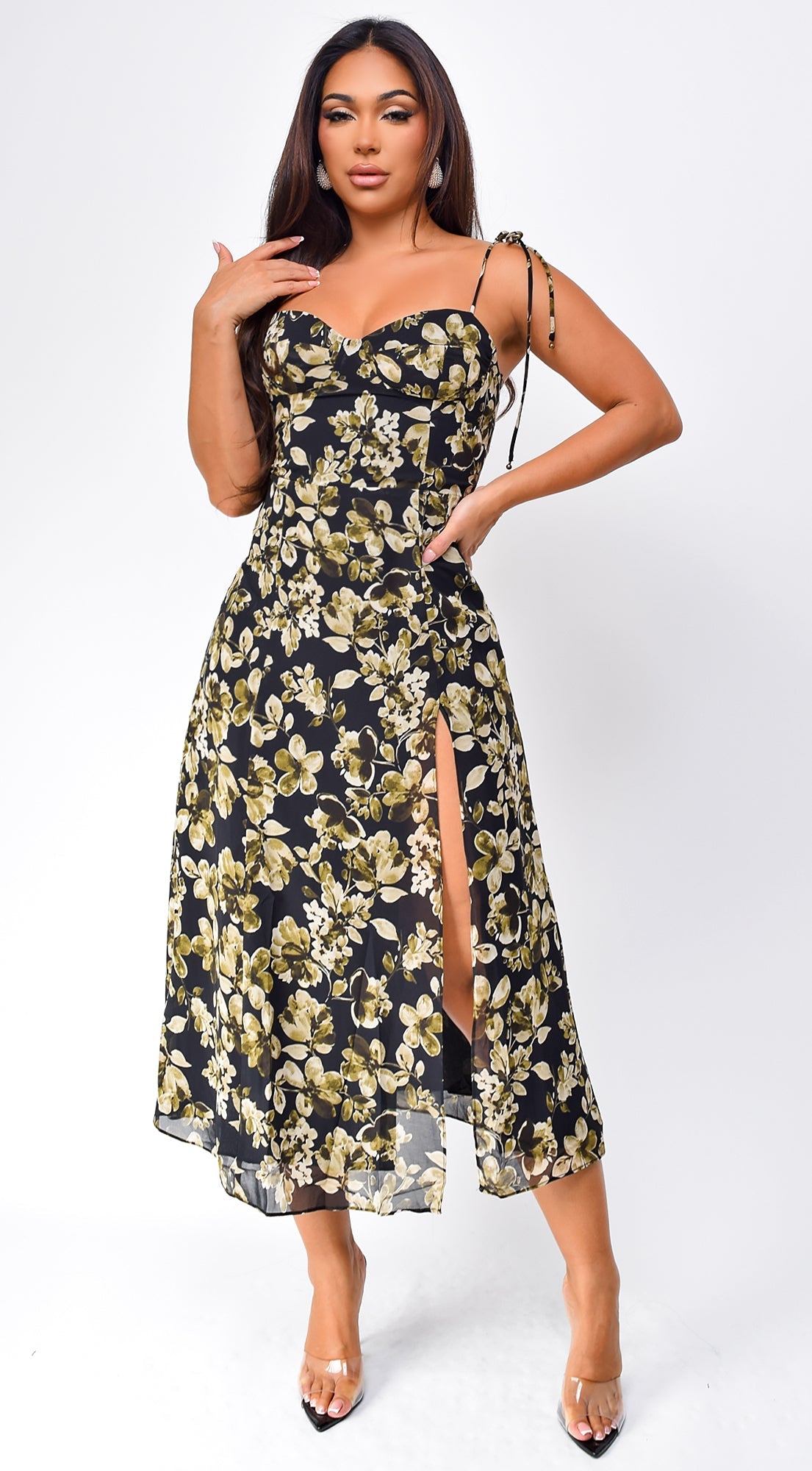 Nikkie Floral Print Side Slit Midi Dress - Black