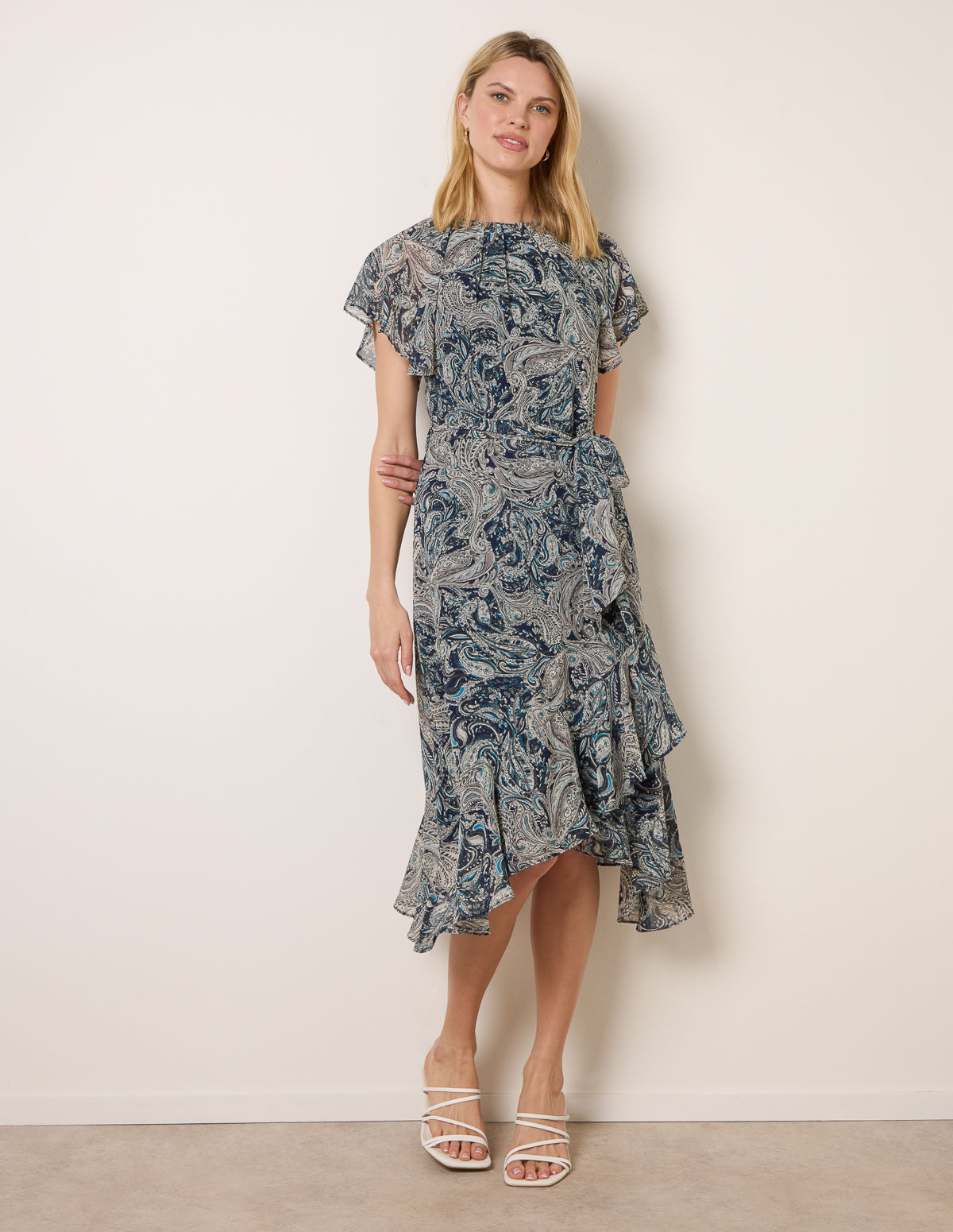 Paisley Print Angel Sleeve Asymmetric Midi Dress